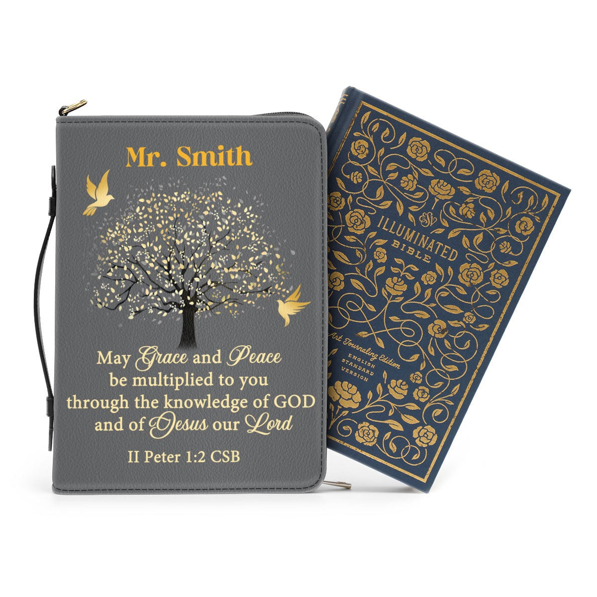 Grace And Peace Leather Book Cover, Personalized Zippered Bible Cover With Handle, Christian Inspirational Gifts For Pastor